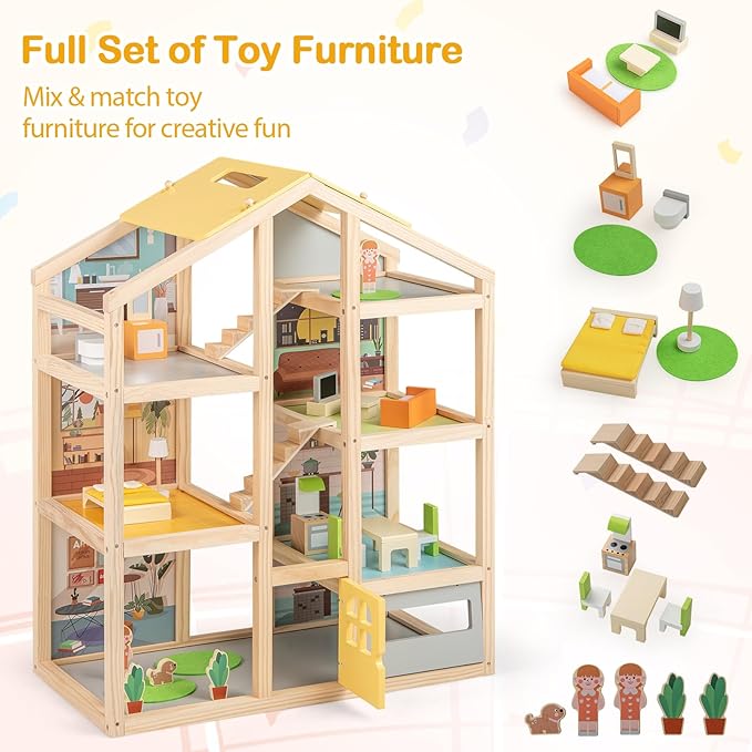 Costzon Wooden Dollhouse for Kids, Modern Family Pretend Playhouse w/Furniture Pieces & Figures, DIY Play House Toy w/Garage & Openable Door for Girls & Boys Ages 3+