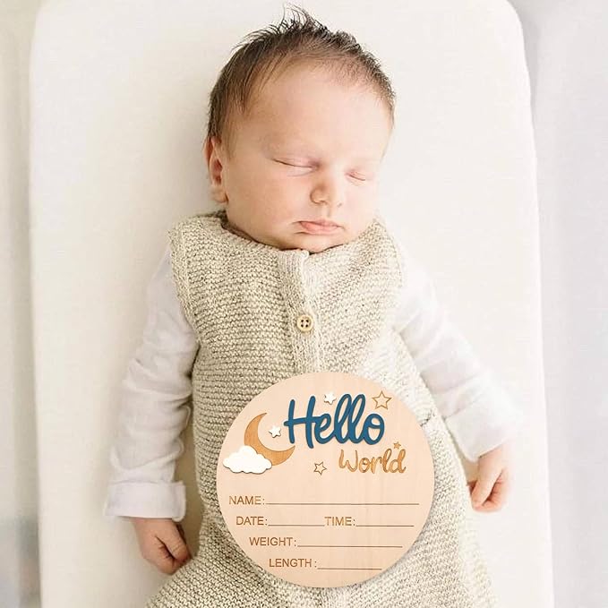 Baby Announcement Sign, 5.9 Inch Wooden Hello World Newborn Signs, Birth Announcement Sign and Pen, Moon and White Cloud Decoration, Welcome Newborn Arrival to World, Hospital Nursery for baby (Dark Blue)