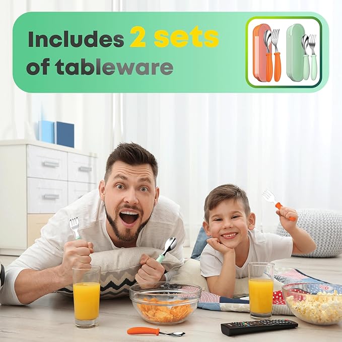 Toddler Utensils, Kids Stainless Steel Silverware Set, Toddler Forks and Spoons, Baby Utensils Set with Storage Box for Self Feeding Safe, Dishwasher Safe (2 Set with Case)