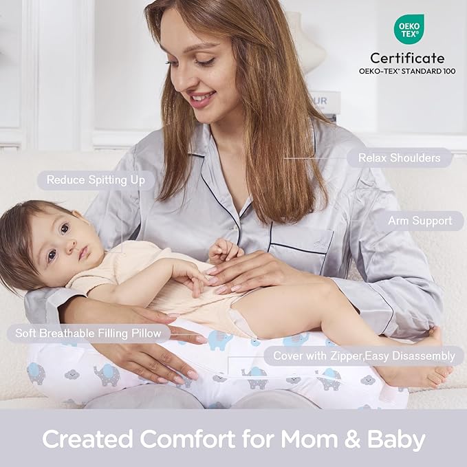 Little Grape Land Nursing Pillow, Breathable Nursing Pillows for Breastfeeding, Breast Feeding Pillows for Mom, Breastfeeding Pillows for Bottle Feeding, Tummy Time, Sitting Support, Blue Elephant