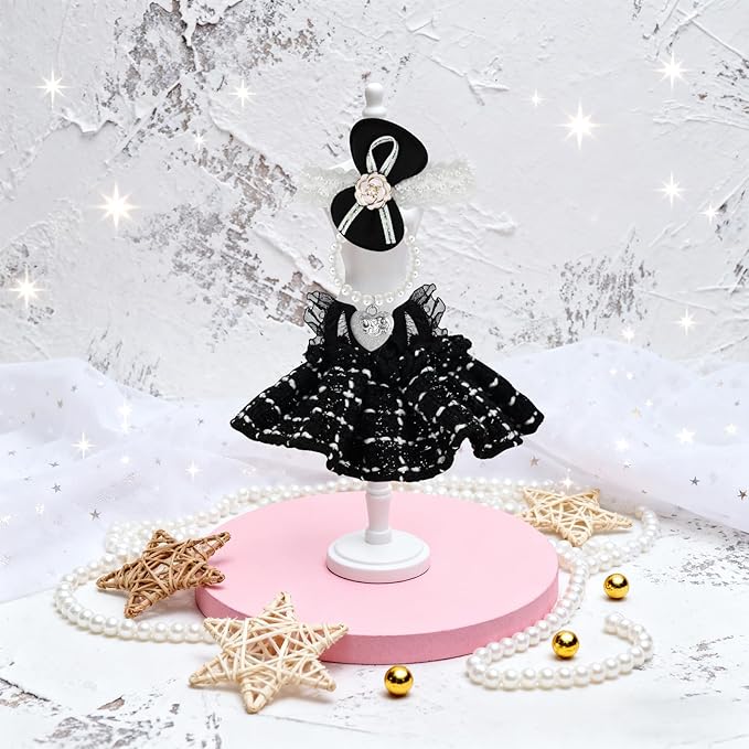 ‌Elegant Black-and-White Dress for 15cm/17cm Dolls - Strap Gown with Heart Pearl Necklace & Bow Headband/Fashion Doll Clothes Set, Accessories for Girl Doll/Perfect for Collectors, Gifts