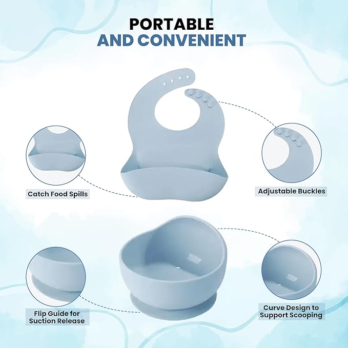 Silicone Baby Feeding Set 15-Piece BPA-Free Baby Led Weaning Kit for 6+ Months – Elephant Suction Plate, Bowl, Forks, Spoons, Bib, Cup, lids, Teether & More – Gift Kraft Box – Baby Registry Blue Gray