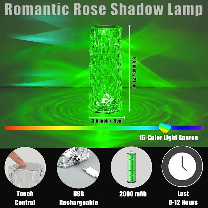 VoMii 2 Pack Crystal Lamp Touch, RGB 16 Colors Changing Night Light, Rechargeable Crystal Table Lamp Bedside Lamp, Cordless Rose Diamond Battery Night Light, for Bedroom/Party/Dinner/Decoration