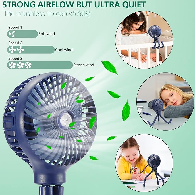 snawowo Mini Handheld Personal Portable Fan, Baby Stroller Fan, Car Seat USB or Battery Powered, with Flexible Tripod Clip on Student Bed Desk Bike Crib Treadmill Camping Traveling(Navy Blue)