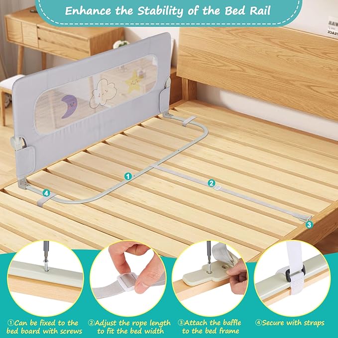 welspo Folding Toddler Bed Rails, Baby Bed Rail Guard, Height Adjustable and Foldable Bed Rail for Toddlers, Kids, fit Twin, Queen, King, Full, Bunk Beds (Grey, 47inch)