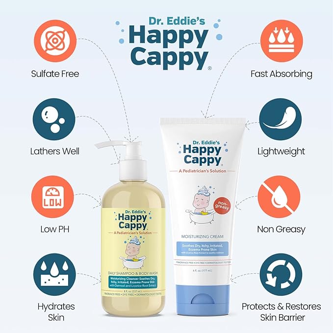 Happy Cappy Baby Shampoo and Body Wash and Moisturizing Cream Bundle - Eczema Body Wash and Lotion for Kids, Toddler, Adults, Helps with Dryness, Reduces Itching, Dermatologist Tested, Fragrance-Free