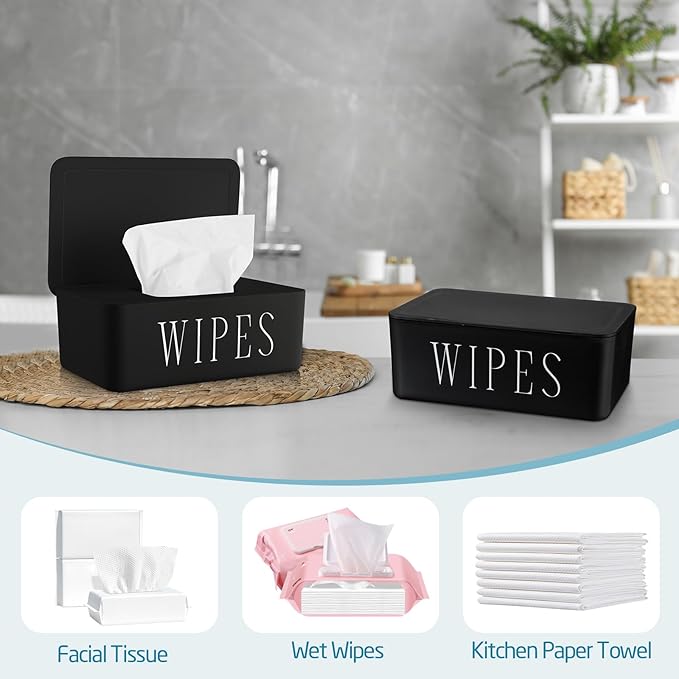 4 Pack Baby Wipes Dispenser Refillable Wipe Holder with Lid Toilet Wipes Container for Bathroom Tissue Paper Storage Box for Home Office (Black)