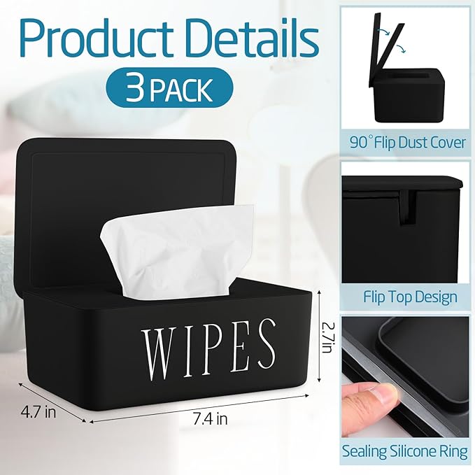 3 Pack Baby Wipes Dispenser Holder Wipe Container for Bathroom with Lid Toilet Tissue Paper Storage Refillable Box for Home Office Cars(Small,Black)