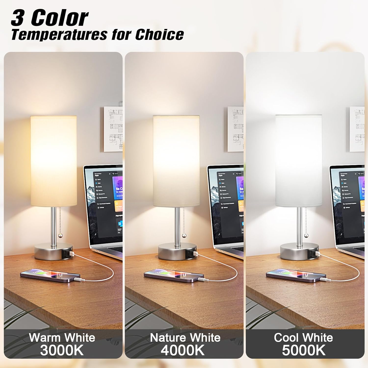 White Table Lamp for Bedroom Nightstand - Small Lamp with USB A + C Charging Port, 3 Color Temperatures Pull Chain Night Stand Light, Silver Base Desk Reading Lamp for Living Room