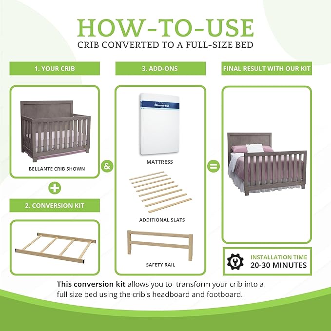 Full-Size Conversion Kit Bed Rails Compatible with Delta Children Convertible Cribs - Solid Wood Rail #0050 - Toddler & Adult Bed Rail for Full-Size Beds - Baby Furniture (Unfinished)