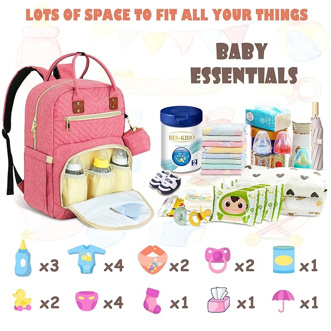 Baby Diaper Bag Backpack, Travel Diaper Bags for Babys Girl Boy Large Capacity Baby Bag Backpack for Women Pink