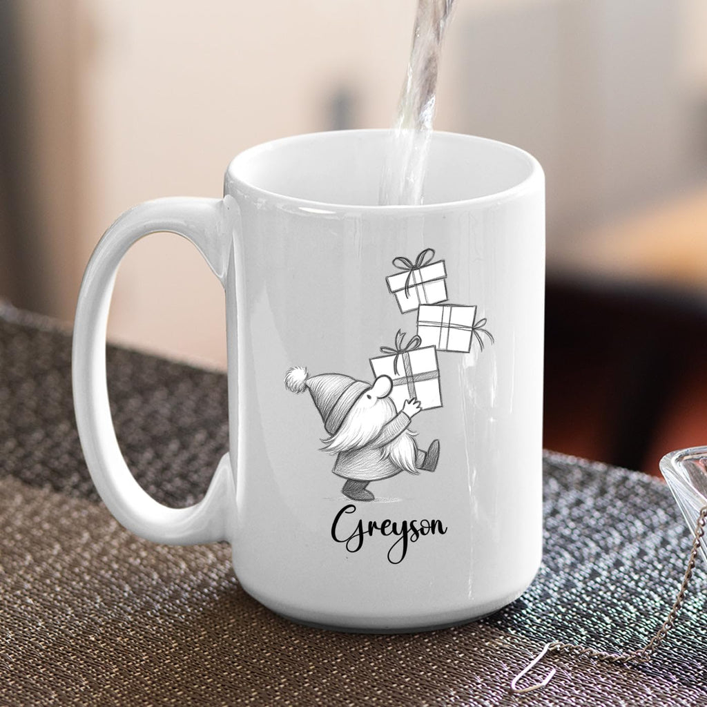 Cute Gnome With Box Accent Mug Cup Gift, Personalized Choose Name Gnome Ceramic Teacup 11 Oz 15 Oz, Unique Coffee Mug Gift For Gnomes Lover Kids Child Birthday, Custom Gnomes White Travel Mugs Gifts
