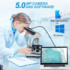 Swift Digital Binocular Compound Microscope 40X-2500X, with 5MP USB Camera, Two-Layer Mechanical Stage and Software Windows and Mac Compatible and Slides,Siedentopf Head,Research-Grade