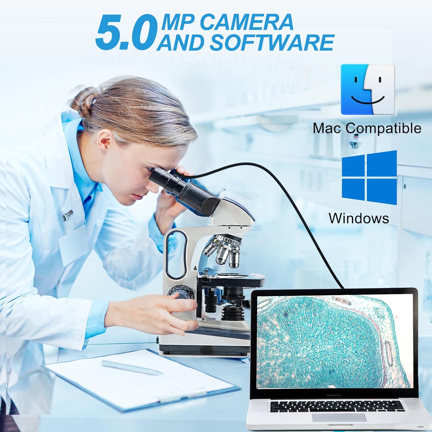 Swift Digital Binocular Compound Microscope 40X-2500X, with 5MP USB Camera, Two-Layer Mechanical Stage and Software Windows and Mac Compatible and Slides,Siedentopf Head,Research-Grade