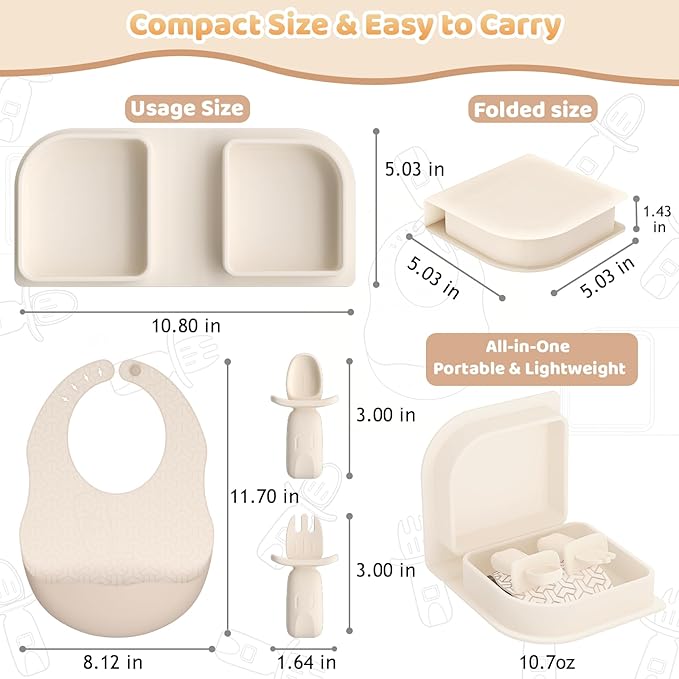 Traval Silicone Foldable Feeding Set, On-the-Go Baby Feeding Supplies Including Toddler Plates, Silicone Baby Spoon&Fork, Adjustable Foldable Bib, Portable Infant Toddler Utensils, Beige