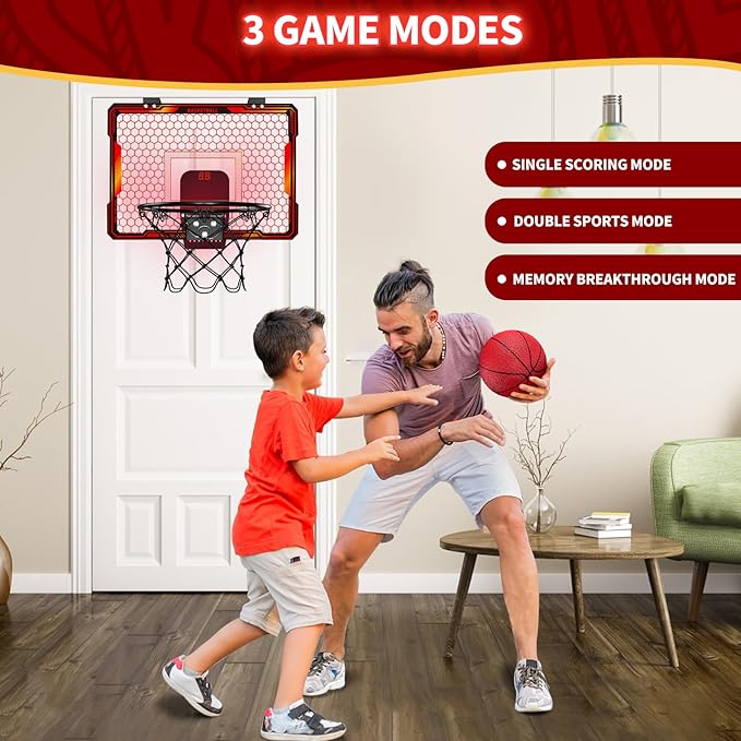 Mini Basketball Hoop with LED Lighting, Electronic Scoreboard, 3 Modes, Over Door Mount, Gift for Kids & Adults (Red)