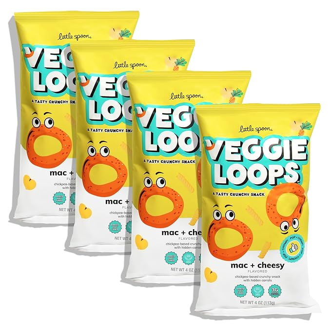 Little Spoon Mac and Cheesy Veggie Loops, Chickpea and Carrot Snack, Baked Not Fried, Avocado Oil, Hidden Veggies, Tastier Snacks for Kids, 3g Protein, Gluten-Free, 4 Pack