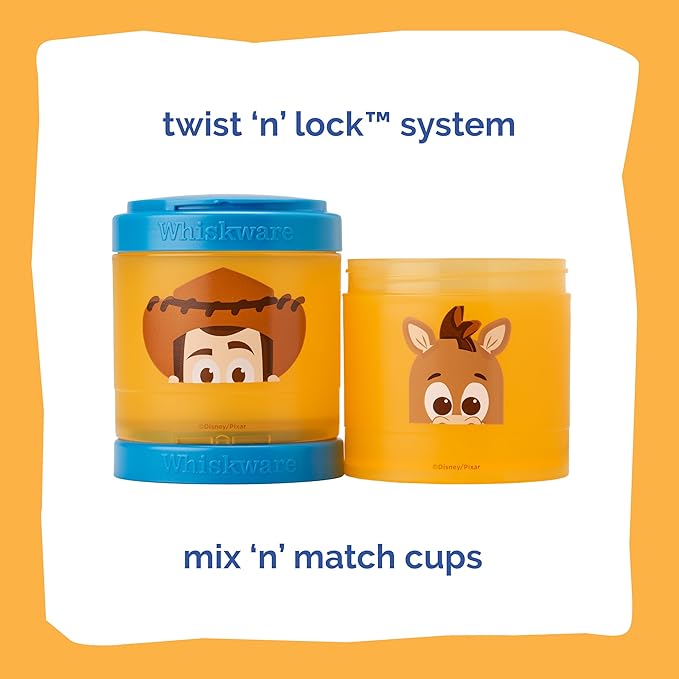 Whiskware Disney Pixar Stackable Snack Containers for Kids and Toddlers, 3 Stackable Polypropylene Snack Cups for School and Travel, Toy Story Woody and Bullseye
