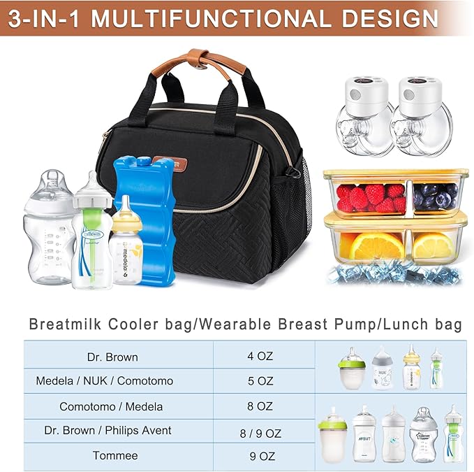 Breastmilk Cooler Bag with Ice Pack Fits 6 Baby Bottles up to 9 Ounce, Wearable Breast Pumps Cooler Bag for Nursing Mom Daycare, Work, Travel- Black