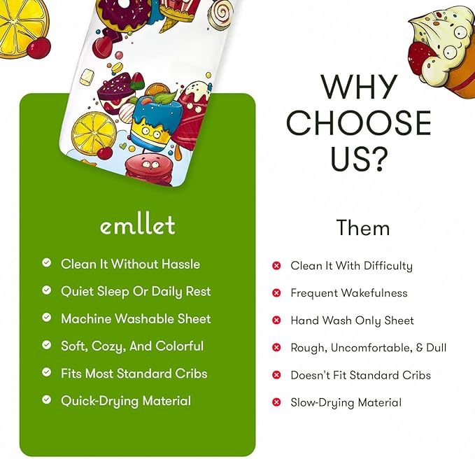 100% Cotton Fitted Crib Sheet, Sweet Treats Dessert Theme, Soft Baby Nursery Bedding for Standard Crib Mattress 52 x 28 in