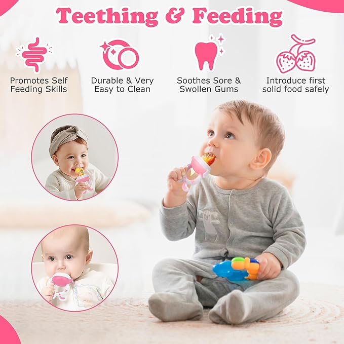 WAJIAYON Baby Fruit Feeder Pacifier | Infant Food Feeder Pacifier & Baby Food Dispensing Spoon | Mesh Fresh Fruit Teethers for Babies | Infant Teething Feeders Shower Gifts for Boys and Girls(Blush)