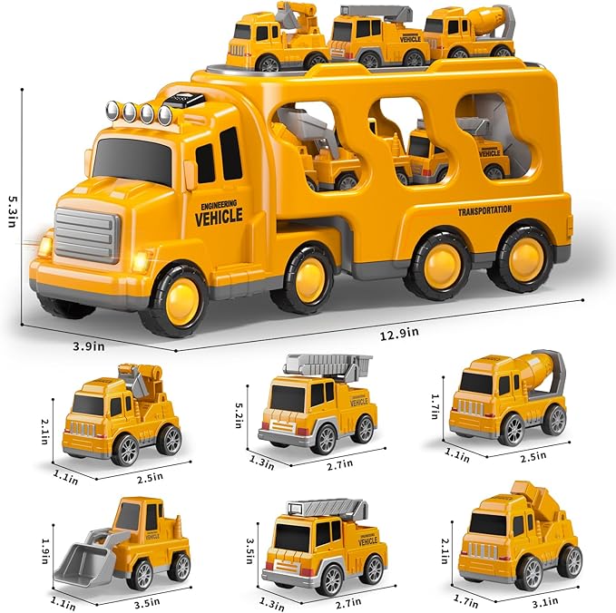 7 in 1 Construction Trucks Cars for Toddlers 3-5, Boy Toddler Car Truck Toys with Light Sound, Birthday Gifts for 3 4 5 6 Year Old Boy