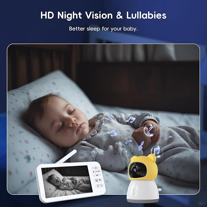 Baby Monitor with Camera and Audio, 2K HD Smart Video Baby Camera WiFi 5" Screen, Night Vision, Temp Humidity Sensor, 2 Way Talk, Lullaby, Sleep Mode, Cry Detection, 1000ft Range, App Control