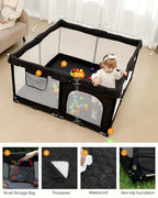 Foldable Baby Playpen with Non-Removable Thick Mat, Extra Large Collapsible Play Yard for Babies & Toddlers, Portable Travel Playpen with Gate, Safe Activity Center (51"×51" Black)