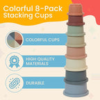 Stacking Cups Baby Toy Educational Cup Stacking Set 8-Pc Stackable Cups with Number Rainbow Nesting Cups for Babies 6-12 Months Stacking Cups for Toddlers 1-3 Perfect for Indoor/Outdoor