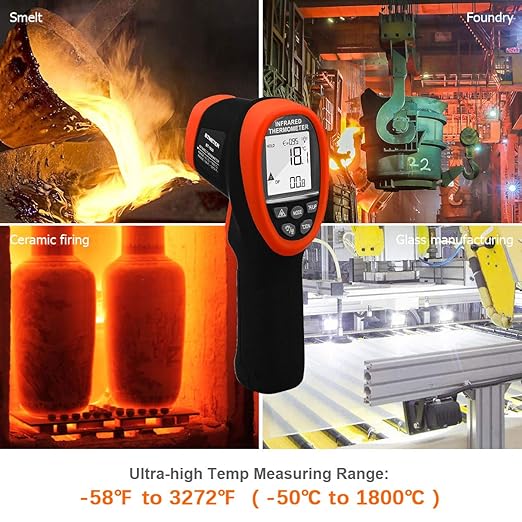 BTMETER BT-1800 Non Contact Pyrometer High Temperature Infrared Thermometer Gun -58°F ~3272°F (-50~1800℃) DS 50:1 for Metal Melting Furnace Forge Kiln Tempe Tester (Not Accurate for Human Temp)