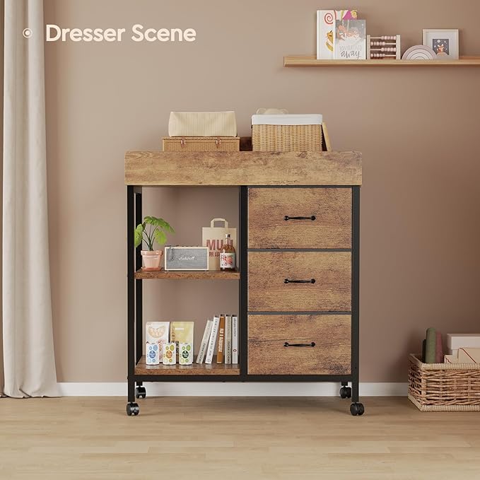 Changing Table Dresser, Baby Dresser with 3 Fabric Drawers and 2 Shelves, Multi-Functional Baby Changing Table with Pad, Classic Nursery Dresser, Diaper Changing Station, Rustic Brown