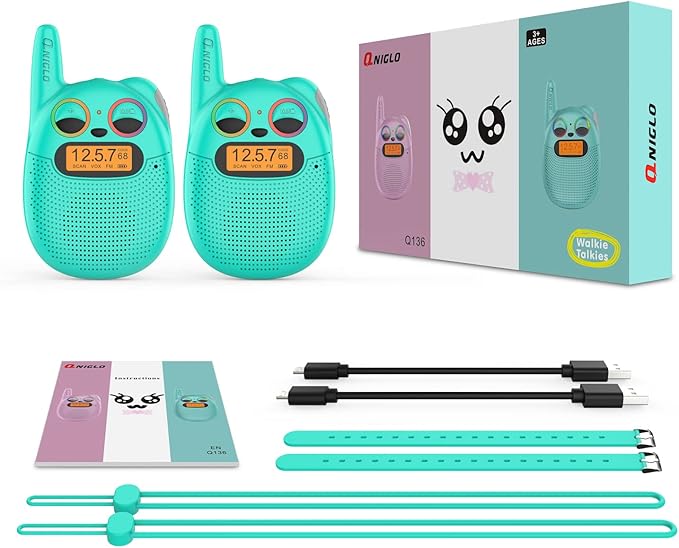 Qniglo Walkie Talkies for Kids Rechargeable, Christmas Birthday Gifts for Boys Age 3-12,Long Range Kids Walkie Talkies with FM Radio for Outdoor Camping Toys for 5 6 7 8 9 10 Year Old Teens Boy 2 Pack