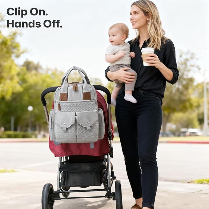 Diaper Bag Backpack - Large Diaper Bag with Portable Changing Pad as Baby Shower Gifts, Lightweight Waterproof Unisex Travel Baby Bag with 4 Insulated Pockets and Stroller Buckles, Light Grey