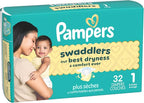 Pampers Swaddlers Diapers, Size 1 (8-14 lbs), 32 Count, Absorbent, Keeps Baby Dry and Comfortable, Skin Safe Disposable Baby Diaper (Packaging May Vary)