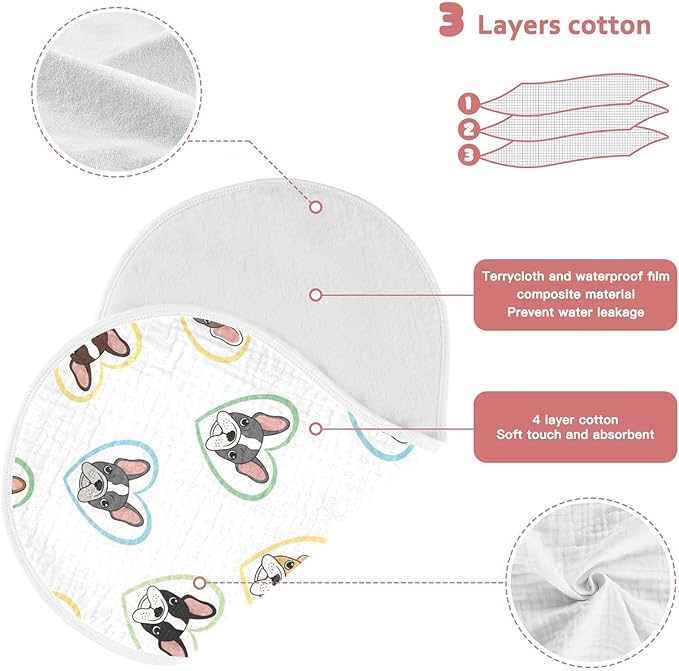 1 Pack Muslin Burp Cloths Bulldog Hearts White Cotton Baby Burp Cloths Ultra Soft Burping Cloth Absorbent Spit Up Rags for Newborn Baby Boys Girls 22x11 Inch