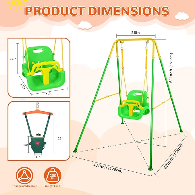 4-in-1 Swing Set & Baby Jumper and Bouncer for Toddler, Heavy Duty Baby Swing Set with Foldable Metal Stand for Indoor & Outdoor Play (Green)