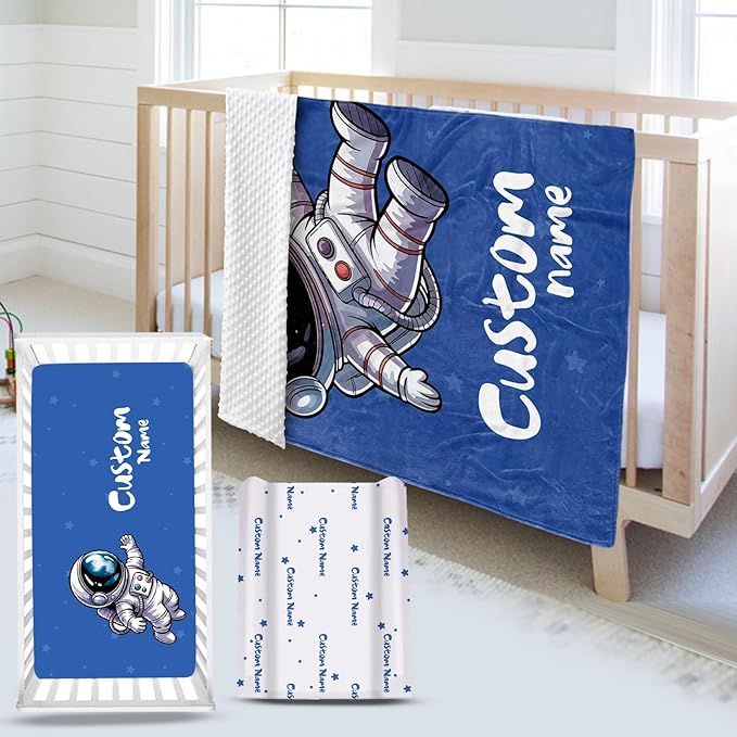 Personalized Baby Crib Bedding Set – Blue Astronaut Theme Nursery Bedding Sets 3 Piece with Custom Name Blanket, Fitted Crib Sheet & Changing Pad Cover – Ideal Newborn Gift for Boys