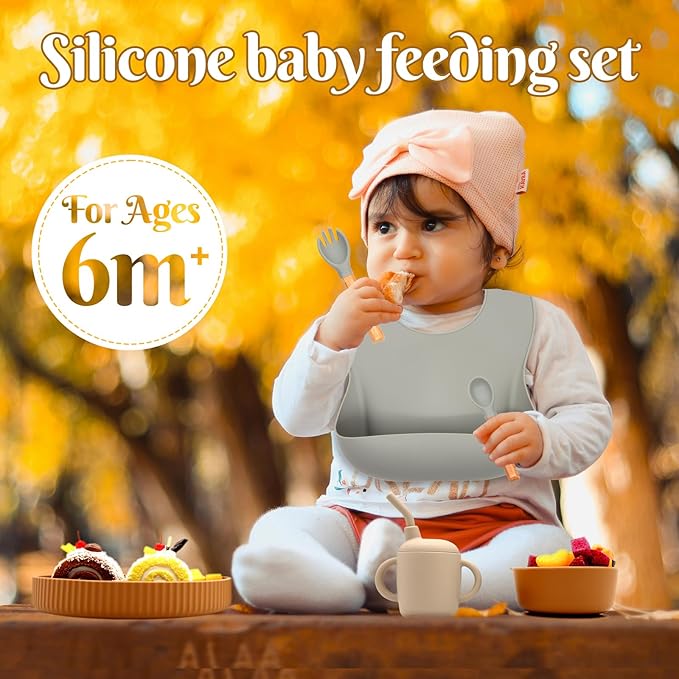 Silicone Baby Feeding Set 21 Pcs, Baby Led Weaning Supplies, Baby Feeding Supplies Set BPA Free, Essentials for Newborn Gift Walnut Color, Beige, Smoky Gray