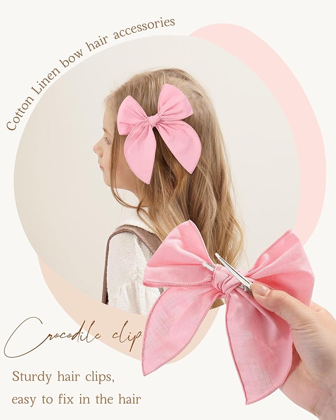 8 Pcs doboi Baby Girls Hair Clips Big Fable Hair Bows Cotton Linen Bows for Girls Hair Accessories for Baby Toddlers Kids-5.5 Inch