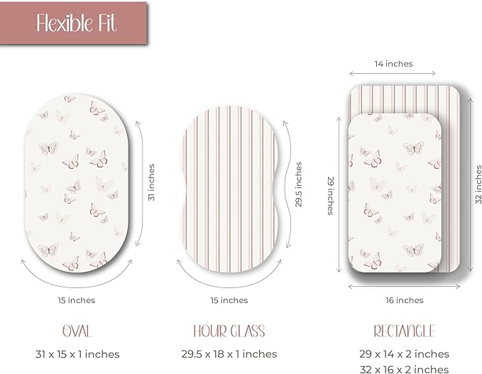 Ely’s & Co. Bassinet Sheets, Baby Girl Fitted Bassinet Mattress Sheet Set - 2 Pack, 100% Jersey Knit Cotton, fits Oval, Hourglass and Rectangle Mattress, Pink Butterly + Stripe, 32”x16”x3”