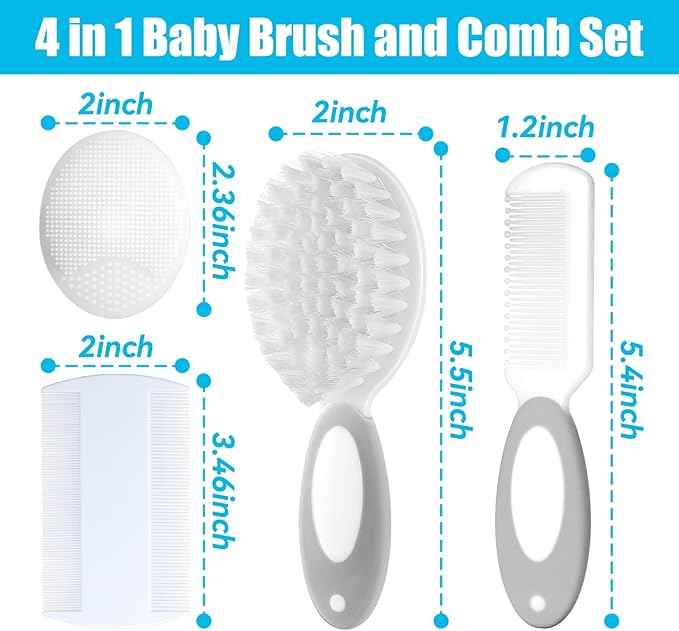 Baby Hair Brush and Comb Set, 4Pcs Baby Soft Bristles Brush Cradle Cap Brush Hair Comb for Newborns Toddlers Boys Girls (Grey)