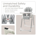 KÜB 3-in-1 Foldable Baby High Chair | Multifunctional Infant High Chairs for Babies and Toddlers | Removable Seat & Tray Easy Clean | 7 Height & 4 Recline Adjustable | 2 Locking Wheels (Grey)