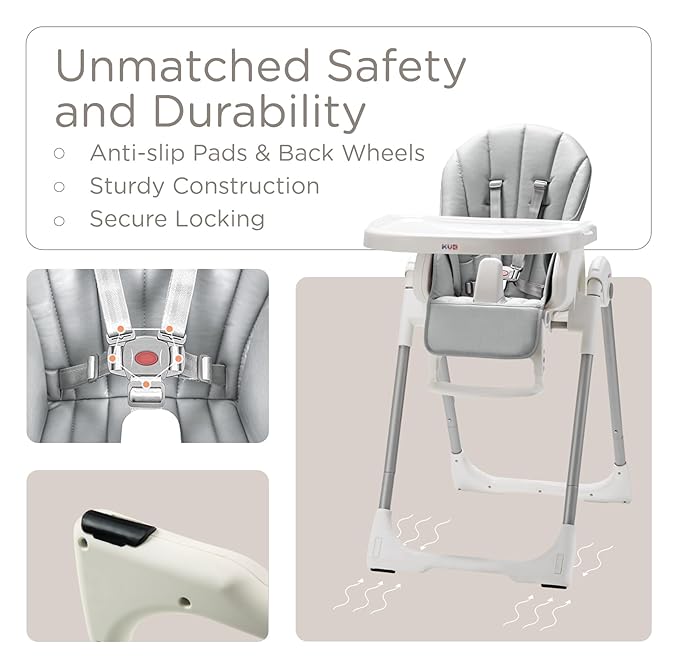 KÜB 3-in-1 Foldable Baby High Chair | Multifunctional Infant High Chairs for Babies and Toddlers | Removable Seat & Tray Easy Clean | 7 Height & 4 Recline Adjustable | 2 Locking Wheels (Grey)
