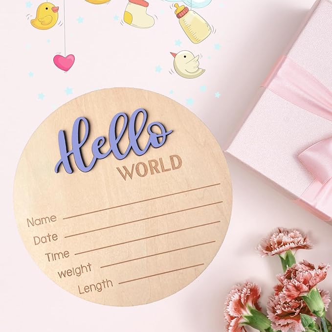 Baby Announcement Sign, 5.9 Inch Wooden Hello World Newborn Signs, Birth Announcement Sign, Baby Shower Hospital Nursery for Newborn Boys and Girls (Cashmere Blue)