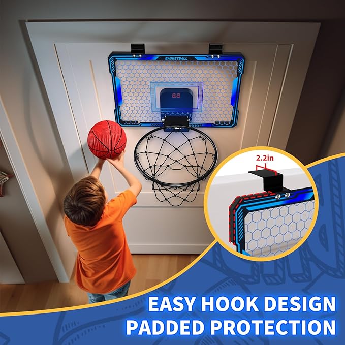 Remote Control Basketball Hoop Indoor with 7 LED Lighting, Mini Basketball Hoop with Electronic Scoreboard, 3 Modes, Over Door Basketball Hoop, Basketball Toys Sport Gifts for Kids, Adults (Blue)
