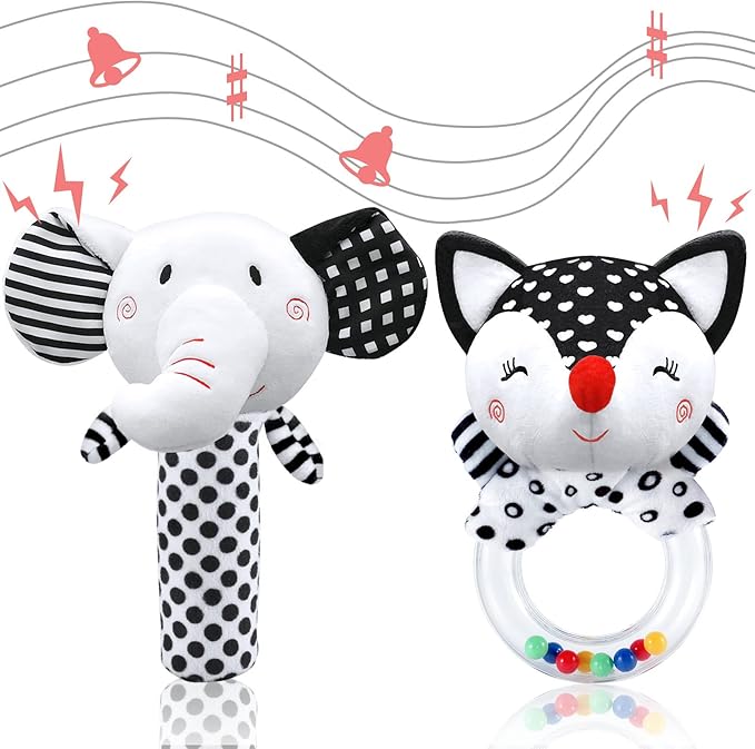 Baby Rattles & Toys - 0-3 Months, High Contrast Black & White Plush Stuffed Toys for Infants