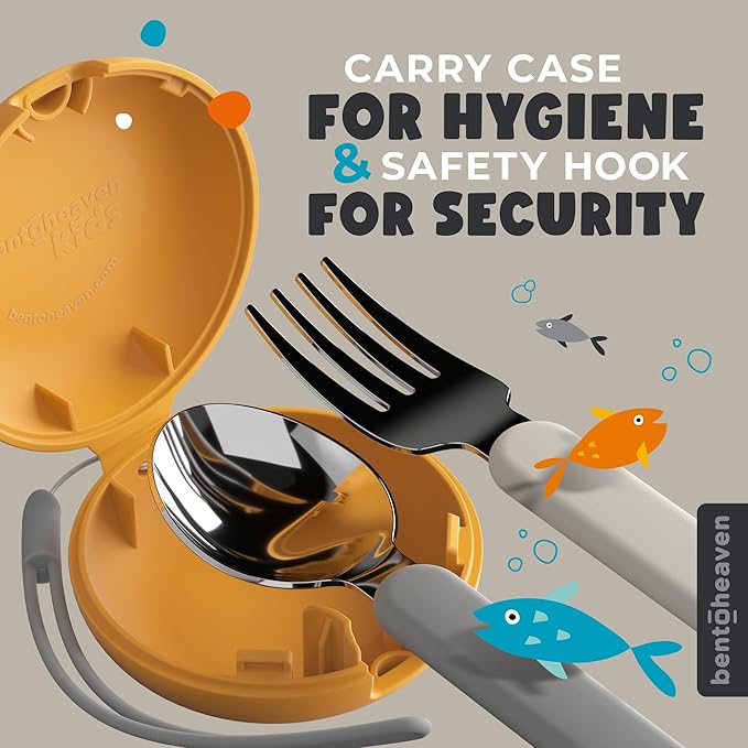 Bentoheaven Kids Travel Utensils with Case, Food-Grade Stainless Steel & BPA-Free Plastic, Travel Cutlery Set, Dishwasher Safe Fork, Spoon & Case, Reusable Flatware, Silverware for Kids (Octopus)