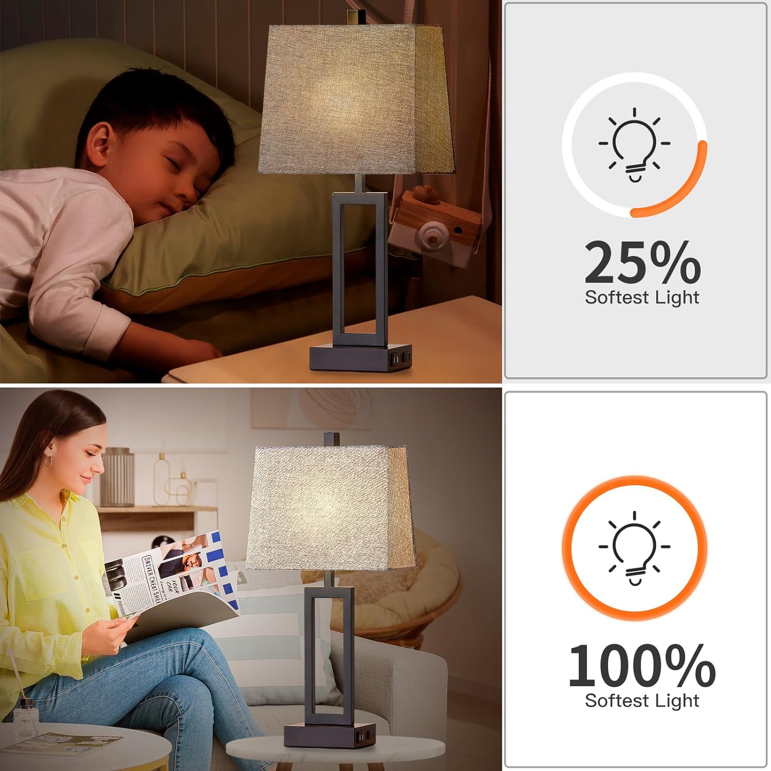 23.5" Touch Control Table Lamps Set of 2, Bedside Lamp with 2 USB Charging Ports & AC Outlet, 3-Way Dimmable Modern Nightstand Lamp for Living Room Bedroom End Table Office(2700K 2 LED Bulbs Included)