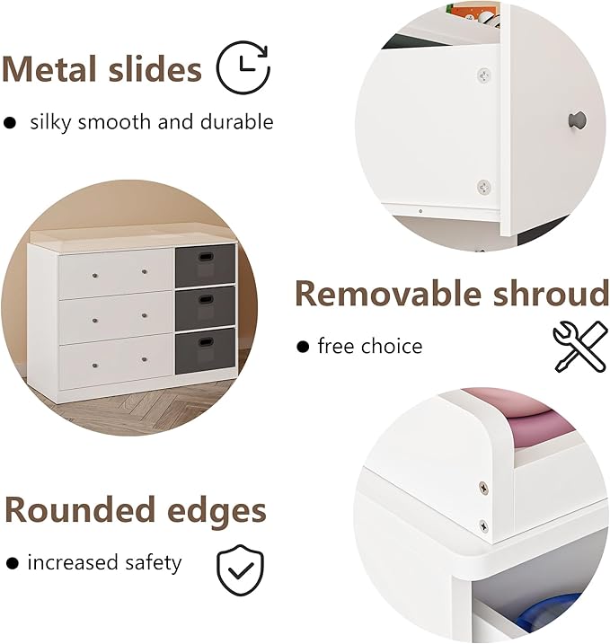 White Nursery Dresser with Changing Top, Baby Diaper Changing Station with 3 Fabric Drawer, Safety Rail & Nursery Organizer, Modern Dressers for Bedroom (47.2" W x 18.9" D x 36.1" H)