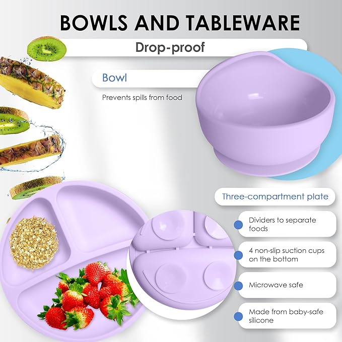 Bluet B- Silicone Baby Feeding Set with Pacifier - Baby Led Weaning Supplies - Baby Spoons, Suction Bowl - Plate - Baby Utensils Set - Silicone Feeding Set for Baby First Foods - 11pcs - Purple